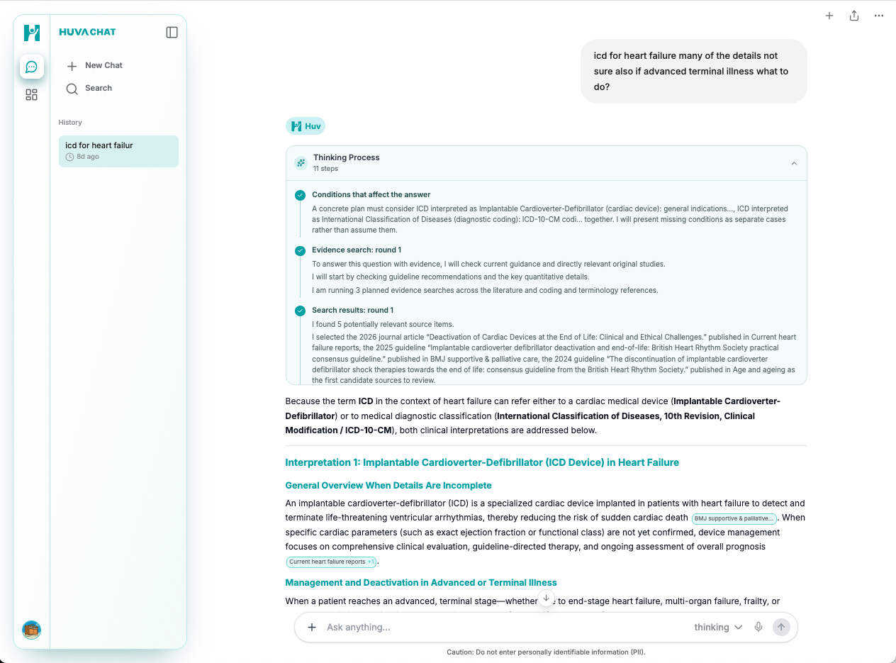 HUVA Chat clinical question and evidence search in one workspace