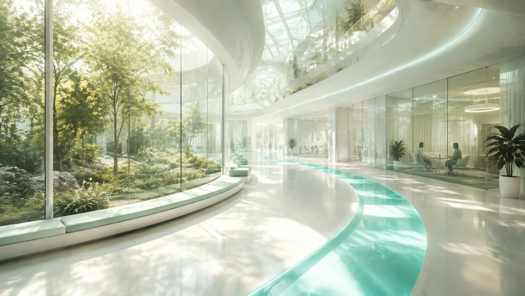 Architectural concept of a sunlit future clinic with connected consultation spaces