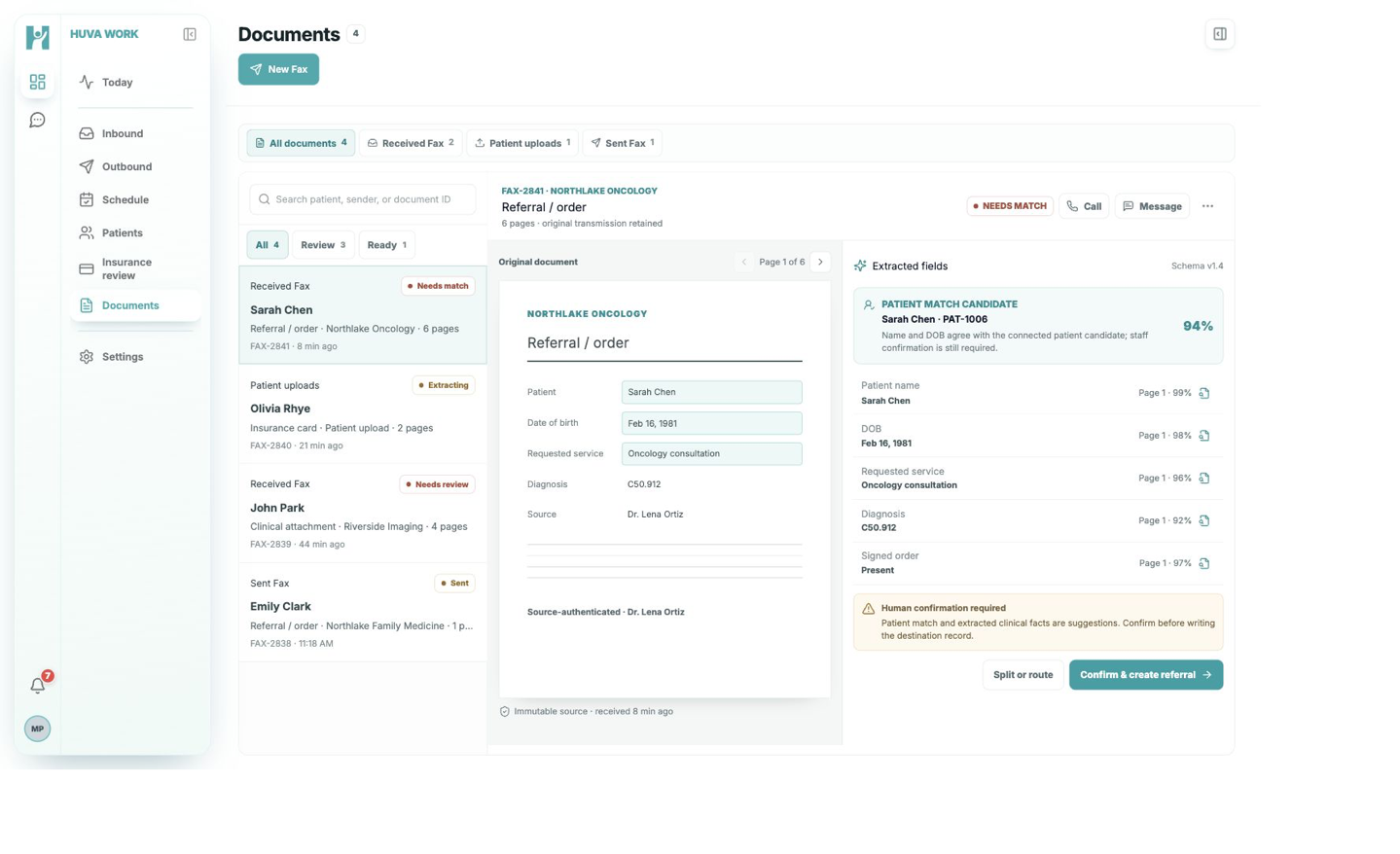 Current HUVA Front Desk Fax review showing extracted referral fields, patient-match confidence, and human confirmation controls