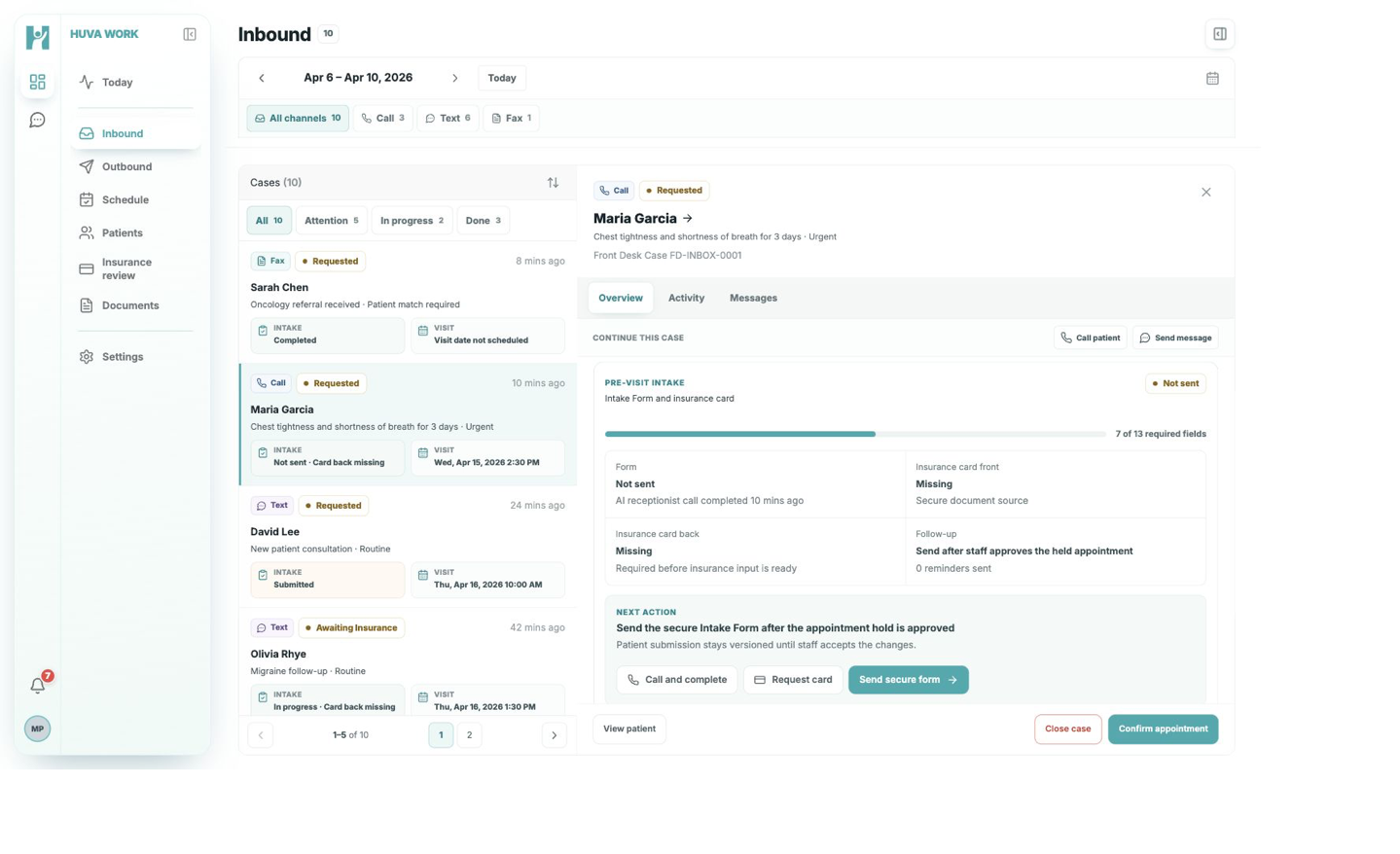 Current HUVA Front Desk inbound call case showing the request, appointment context, insurance status, and staff confirmation controls