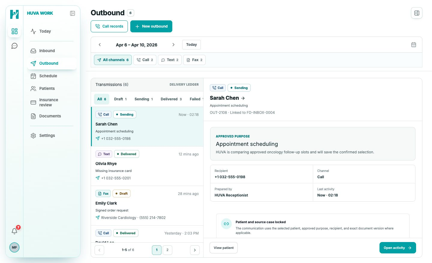 Current HUVA Front Desk outbound delivery ledger showing a patient-linked appointment call in progress