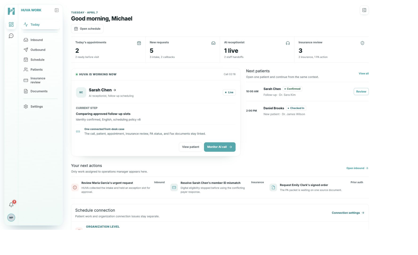 HUVA Work Today dashboard for a Front Desk administrator with active calls, appointments, and staff next actions