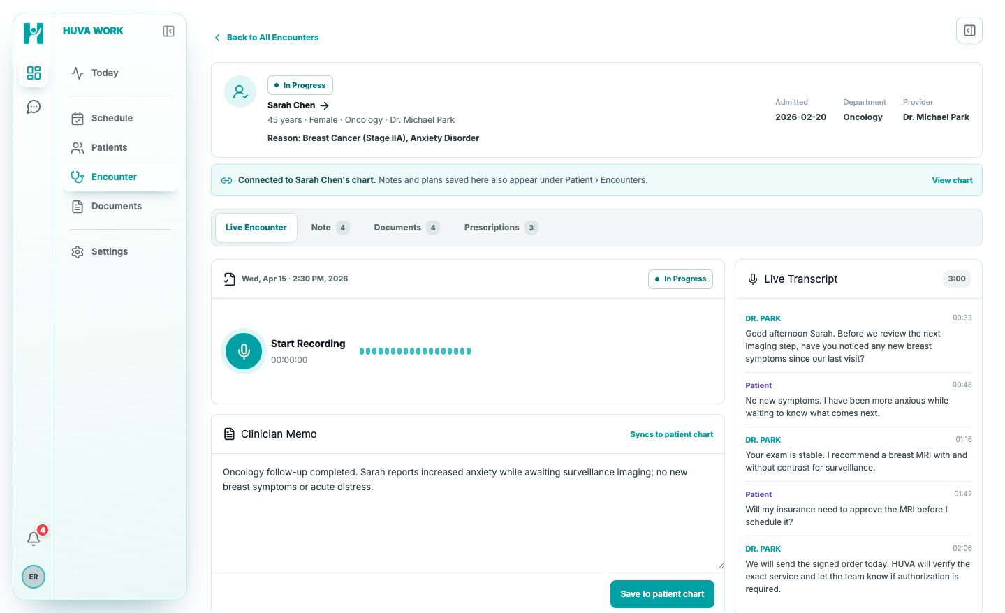 HUVA Scribe encounter with patient context, live transcript, and clinician memo